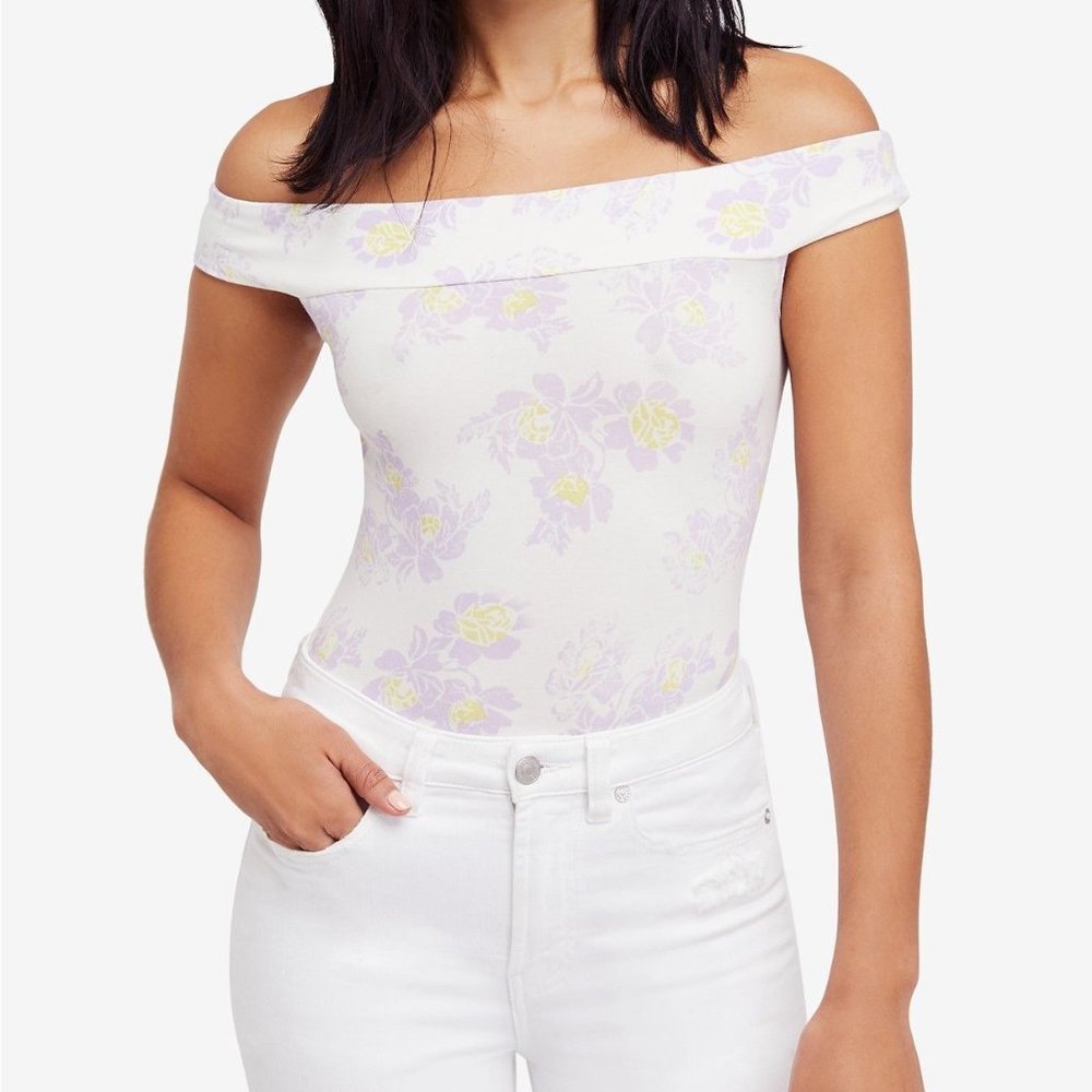 FREE PEOPLE Bodysuit SO MUCH Lilac Stretch Cotton Flowers Off Shoulder Thong NWT